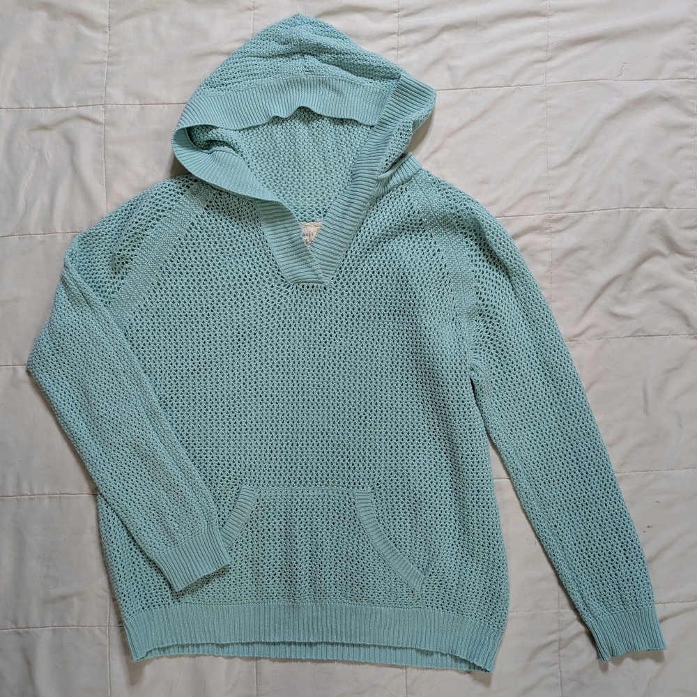 Anthropologie Shirt 469 Linen Cotton Open Knit Hoodie | Aqua Lightweight Sweater